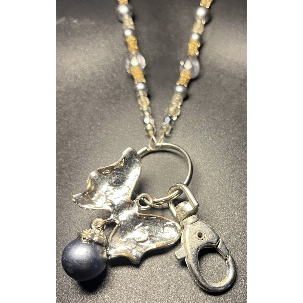 Beaded Lanyard ID Badge Holder Pewter Beads Butterfly Charm Chain Approx 32" - Picture 4 of 4